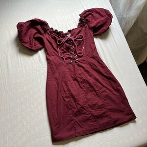 I AM GIA burgundy purple lace up puff short‎ sleeve mini dress
